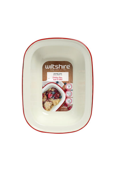 Enamel Oblong Pie Dish with red rim 26cm