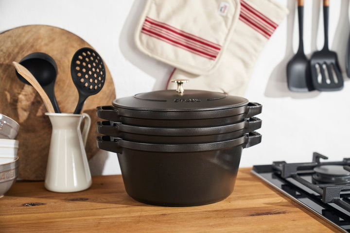 Stackable 3pc Cocotte + Braiser + Pan+ Lid 24 cm - Black