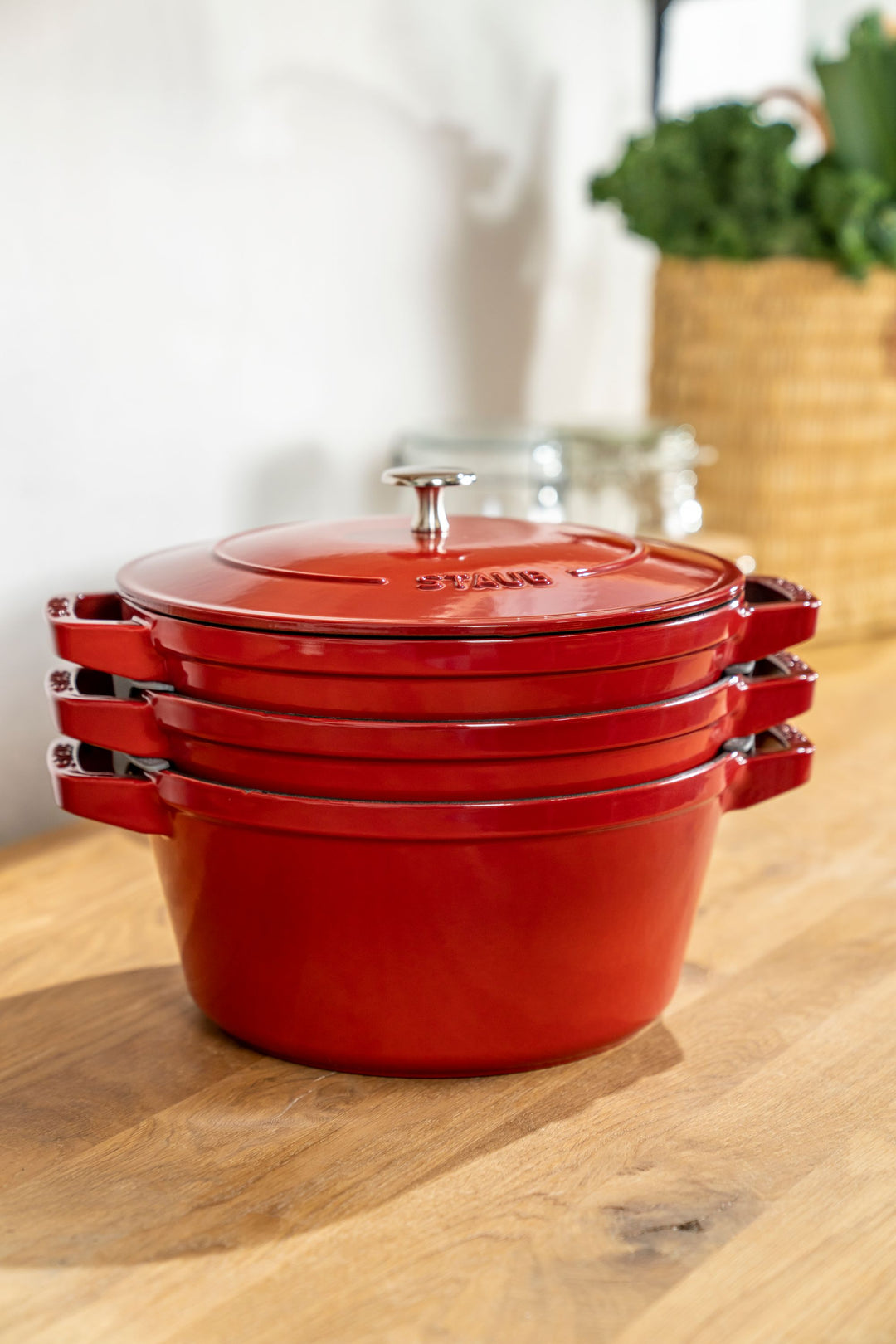 Stackable 3pc Cocotte + Braiser + Pan+ Lid 24 cm - Cherry Red