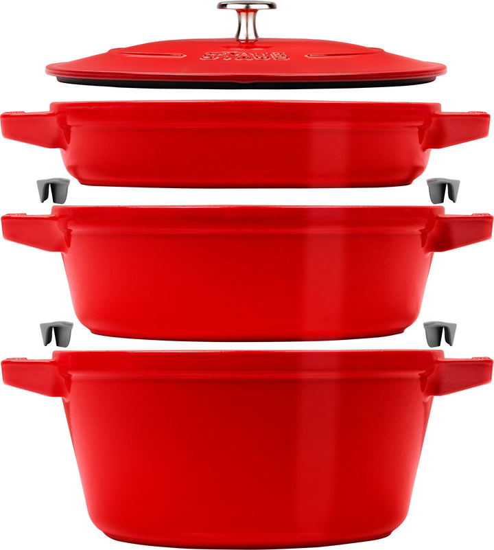 Stackable 3pc Cocotte + Braiser + Pan+ Lid 24 cm - Cherry Red
